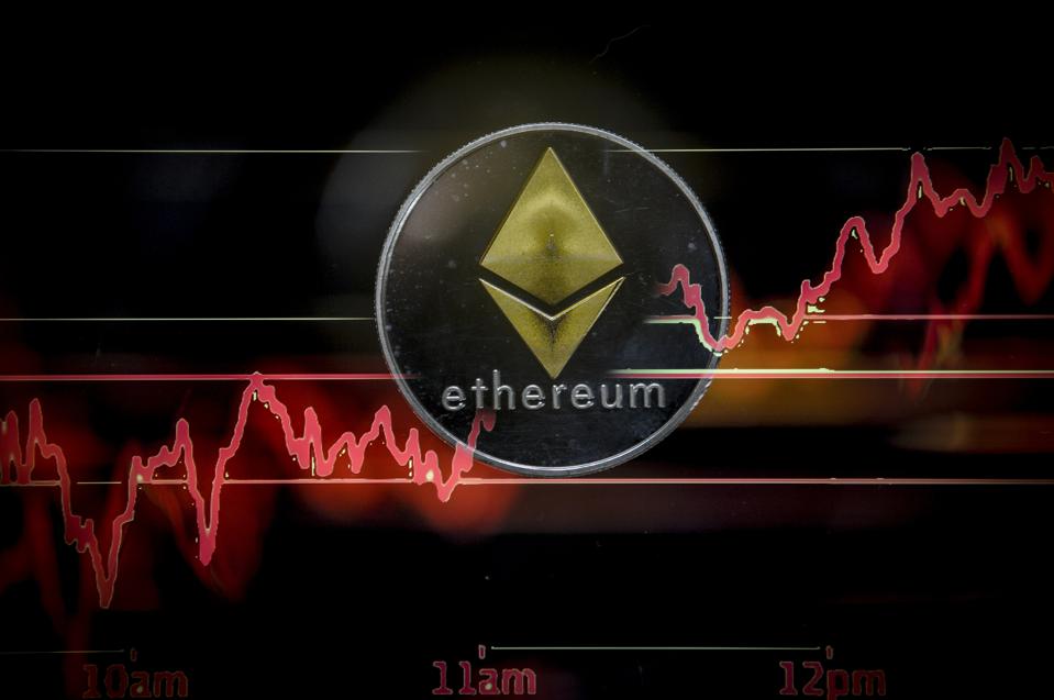 Ether, a digital currency, combined with an upward rising price graph. 
