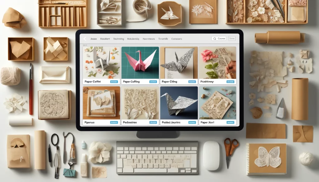Online learning platform interface showing various paper product courses with course thumbnails and a creative workspace in the background.